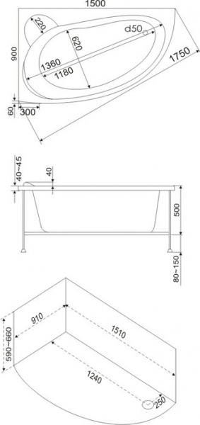 Ванна акриловая BAS ВЕКТРА В 00008 150x90 см. правая  Ванна акриловая BAS ВЕКТРА В 00008 150x90 см. правая