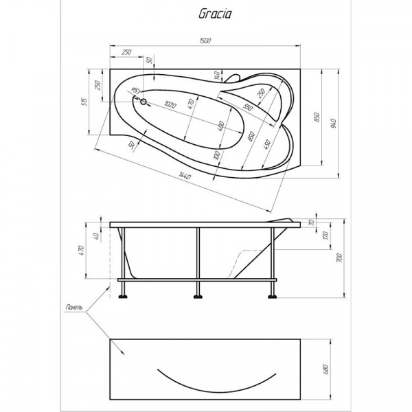Ванна акриловая 1Marka GRACIA 01гр1590п 150x90 см. правая  Ванна акриловая 1Marka GRACIA 01гр1590п 150x90 см. правая